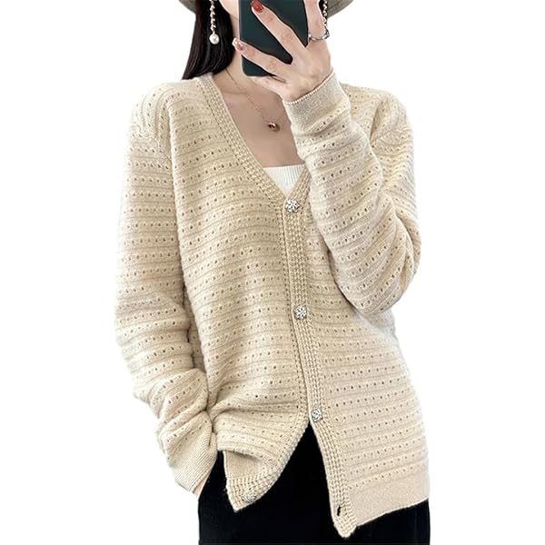 トップス SHEER ROLLED EDGE KNIT CARDIGAN Spring V-Neck Wool Cardigan Hollow Out Sweater Women Knit Long